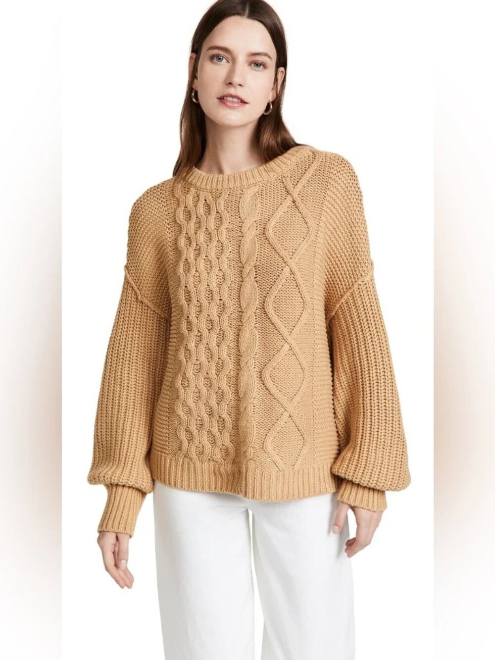 🆕 FREE PEOPLE Frankie Cable Cotton Pullover Sweater Camel Large - Picture 4 of 15